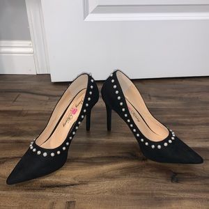 Black Suede Heels with Pearls